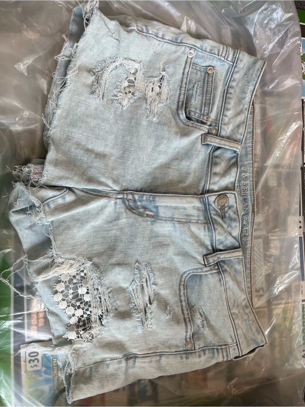 American Eagle Outfitters Light Blue Distressed Denim Shorts with Lace Insets